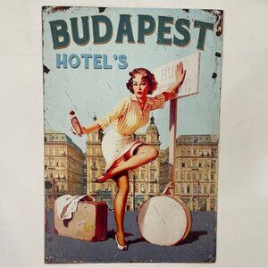 Budapest Hotel’s Retro Travel Poster Sign Art From Hungary Women With Suitcases.
